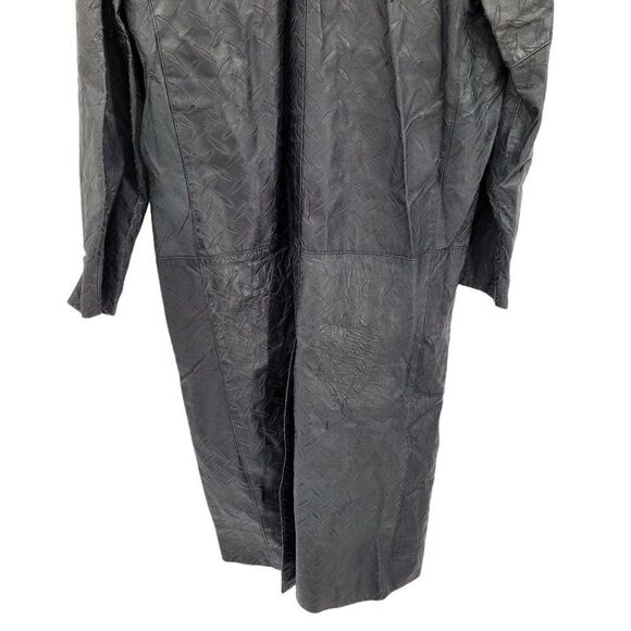 Vtg 80's Leather Trench Coat Rare Rocker Punk Tire Track Embossed Black Sz S - Picture 12 of 16